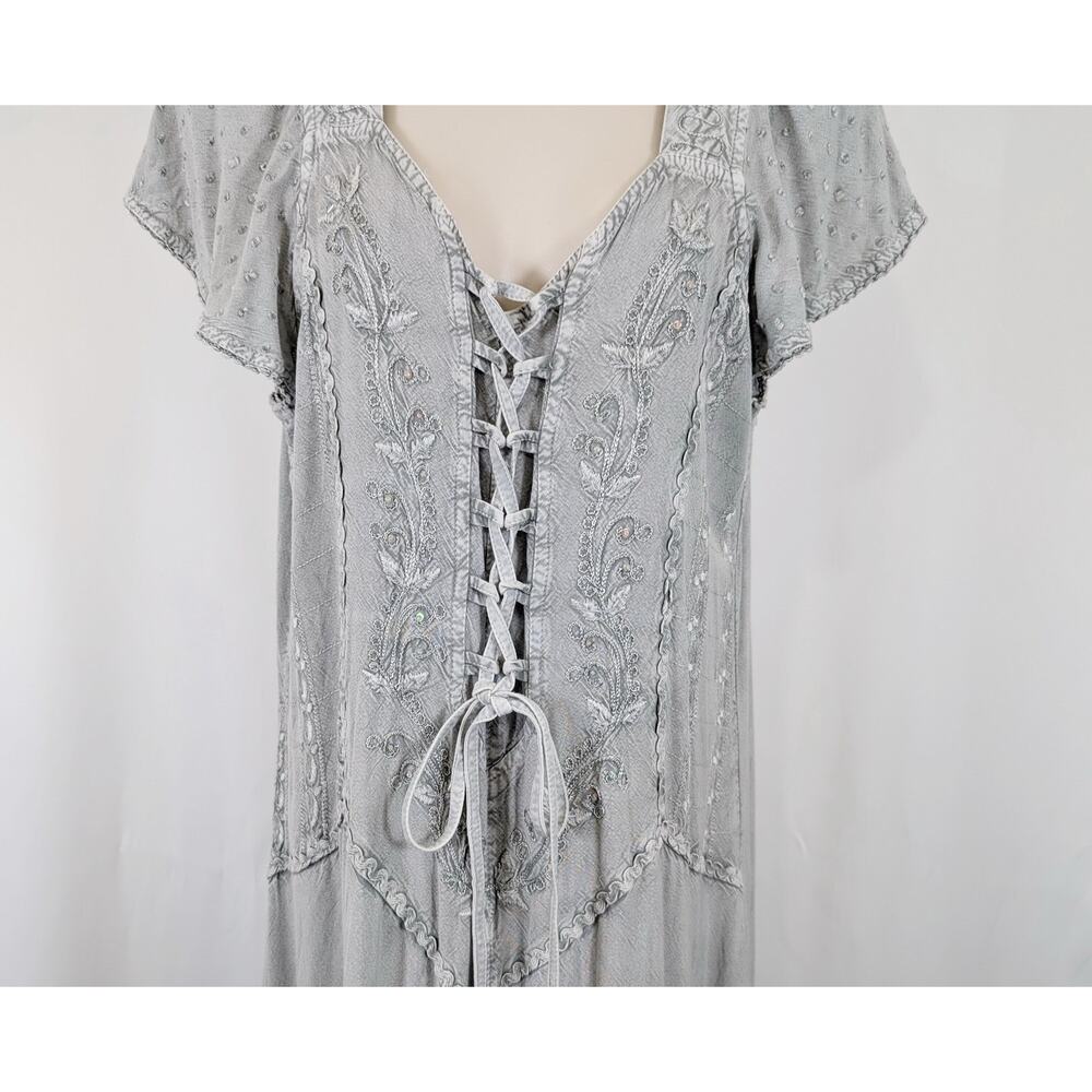 Vintage Y2K Dress Gray Embroidered Lace Up Whimsygoth Peasant Women's Size XL - Picture 3 of 7